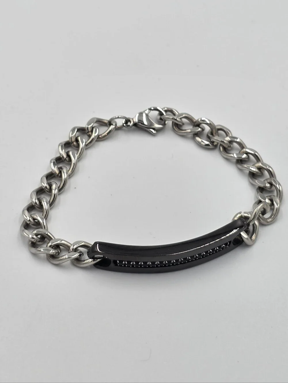 Enforce Stainless‎ Steel Chain Bracelet with Black Bar and Accent Stones Men's